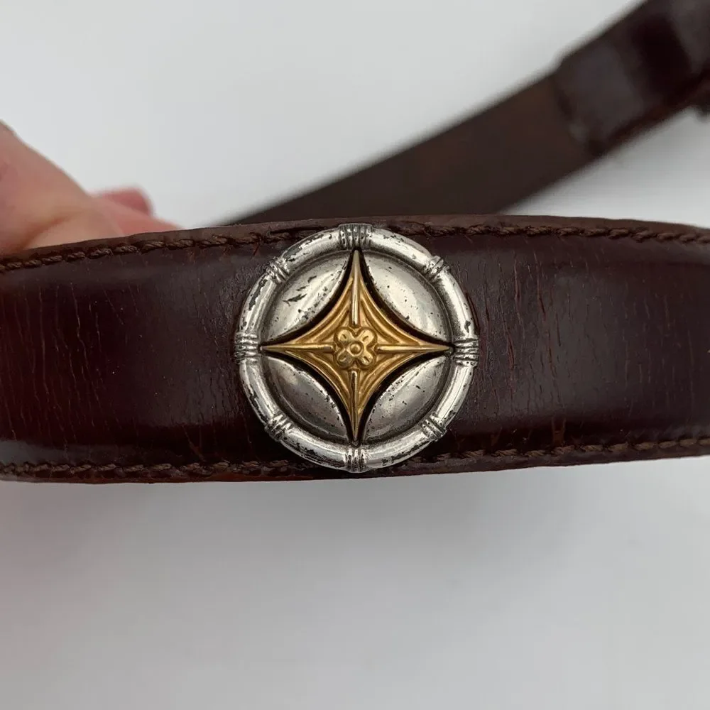 Fossil Brown Leather Belt Two Tone Gold Silver Buckle Western